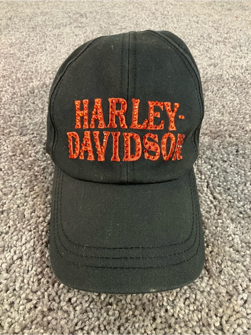 Harley Davidson Women's Black Strapback Hat w/ Orange  Rhinestones Logo OS